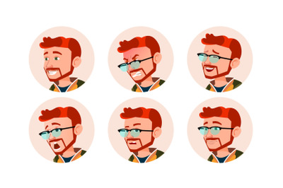 Man Avatar People Vector. Comic Emotions. Red Head, Ginger Flat Handsome Manager. Happy, Unhappy. Laugh, Angry. Cartoon Character Illustration