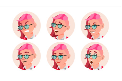 Avatar Woman Vector. Facial Emotions. Round Portrait. Stylish Face. Angry, Smile. Emo, Freak Hairstyle. Pink. Image. Flat Cartoon Character Illustration