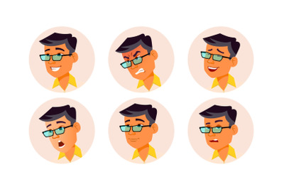 Man Avatar People Vector. Korean, Thai, Vietnamese. Facial Emotions. User Person. Expressive Picture. Pretty User. Happy, Unhappy. Isolated Flat Cartoon Illustration