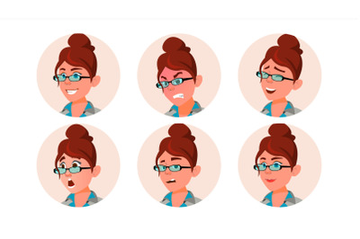 Avatar Woman Vector. Secretary, Accountant. Human Emotions. Casual. Laugh, Angry. Various Emotions. Flat Character Illustration