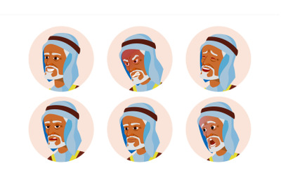 Old Arab Avatar Icon Man Vector. Traditional Clothes. Facial Emotions. Round Portrait. Cute Employer. Happiness, Unhappy. Beauty Gentleman. Isolated Flat Cartoon Illustration