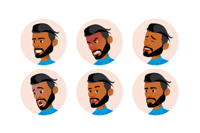 Arab Man Avatar People Vector. Arab, Muslim. Comic Emotions. Flat Handsome Manager. Happy, Unhappy. Laugh, Angry. Cartoon Character Illustration