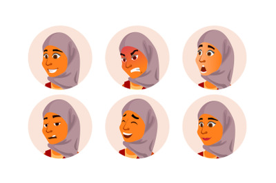 Arab Avatar Woman Vector. Facial Emotions. Traditional Clothes.Islamic. Hijab. Arab, Muslim. User Portrait. Scared, Aggressive. Happiness, Unhappy. Modern Employer. Isolated Flat Cartoon Illustration