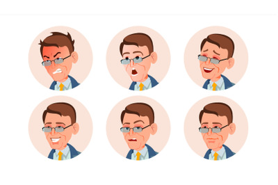 Business Avatar Man Vector. Comic Emotions. Beautiful Male. Laugh, Angry. Happiness, Unhappy. Isolated Cartoon Character Illustration