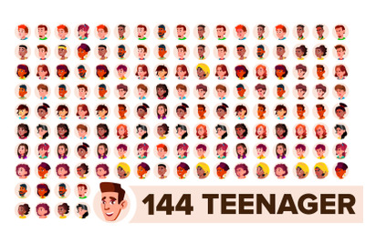 Teenager Avatar Set Vector. Girl, Guy. Multi Racial. Face Emotions. Multinational User People Portrait. Male, Female. Ethnic. Modern Default Placeholder Icon. Flat Cartoon Illustration