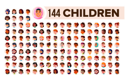 Children Avatar Set Vector. Child Girl, Guy. Multi Racial. Face Emotions. Multinational User People Portrait. Male, Female. Ethnic. Icon. Asian, African, European, Arab. Flat Illustration