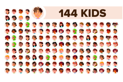 Kids Avatar Set Vector. Multi Racial. Face Emotions. Multinational User People Portrait. Male, Female. Ethnic. Icon. Asian, African, European, Arab. Flat Illustration