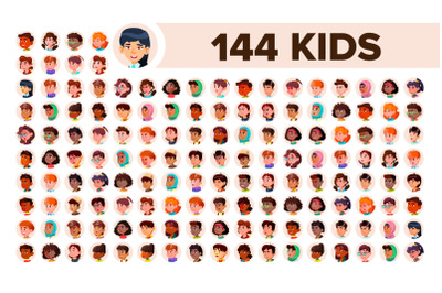 Kids Avatar Set Vector. Girl, Guy. Multi Racial. Face Emotions. Multinational User People Portrait. Male, Female. Ethnic. Icon. Asian, African, European, Arab. Flat Illustration