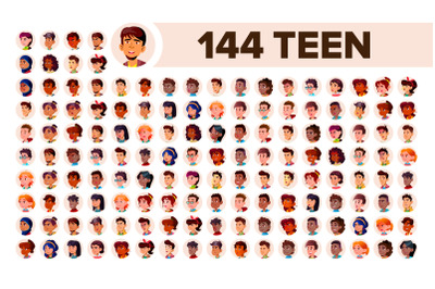 Teenager Avatar Set Vector. Multi Racial. Face Emotions. Multinational User People Portrait. Male, Female. Ethnic. Icon. Asian, African, European, Arab. Flat Illustration