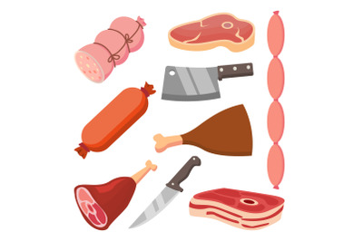 Fresh Meat Vector Set. Sausages, Knife. Flat Food Icons. Isolated Cartoon Illustration