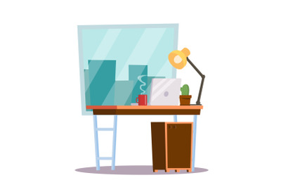 Office Workplace Concept Vector. Office Desk. Classic Work space. Desk, Computer Illustration.