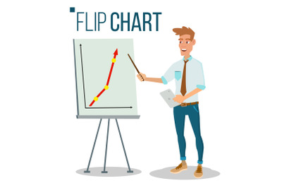 Flip Chart Seminar Concept Vector. Man Showing Presentation. Flat Cartoon Isolated Illustration. Business Info Graphic. Pie Graph, Briefcase