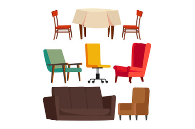 Cartoon Furniture Set Vector. Sofa, Chair, Table, Office Chair. Flat Isolated Illustration