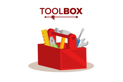 Red Classic Toolbox Vector. Full Of Equipment. Flat Cartoon Isolated Illustration