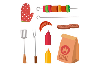 BBQ Accessories Set Vector. Sauce, Mustard, Fork, Coal, Glove, Steak, Kebab, Sausages. Isolated Cartoon Illustration