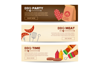 BBQ Horizontal Promo Banners Vector. Barbecue Web Background. Grilled Meat Assortment. Grilled Steak, Sausages, Vegetables. Isolated Illustration