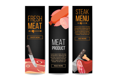 Meat Product Vertical Promo Banners Vector. For Grill Bar Promo Design. Isolated Illustration