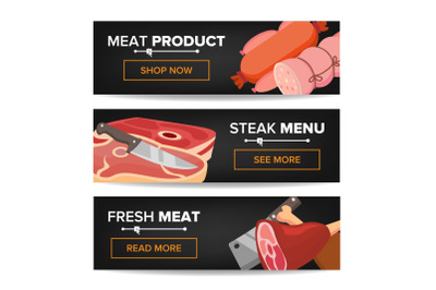 Meat Product Horizontal Promo Banners Vector. Beef And Pork Sausage. For Butcher Shop Promo. Isolated Illustration