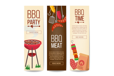 BBQ Vertical Promotion Banners Vector. Barbecue, Charcoal, Hamburgers. Isolated Illustration