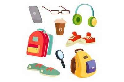 Students Items Accessories Set Vector. Colorful School Backpacks. Glasses, Phone, Coffee Mug, Sneakers, Headphones, Magnifier. Isolated Cartoon Illustration