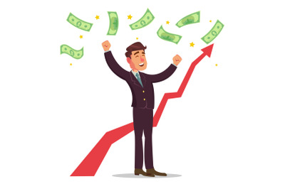 Happy Businessman Vector. Money Bills Falling. Office Worker Getting A Lot Of Money. Poster With Winner Cheerful Manager. Isolated Character Cartoon Illustration