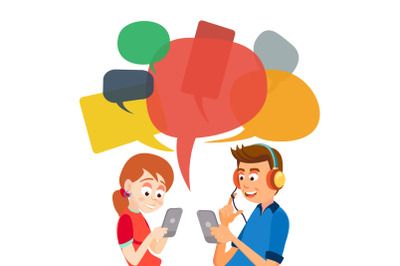 Teen Girl And Boy Messaging Vector. Communicate On Internet. Chatting On Network. Using Smartphone. Chat Bubbles. Social Media Addiction Concept Illustration