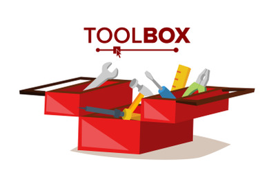 Red Classic Toolbox Vector. Full Of Equipment. Flat Cartoon Isolated Illustration