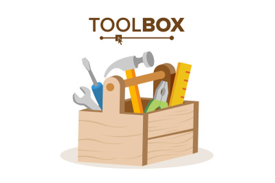 Wooden Classic Toolbox Vector. Full Of Equipment. Flat Cartoon Isolated Illustration