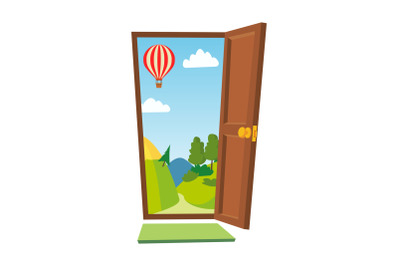 Open Door Vector. Cartoon Landscape. Front View. Flat Isolated Illustration.