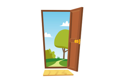 Opened Door Vector. Cartoon Flat Summer Landscape. Front View. Freedom Concept. Isolated Illustration.