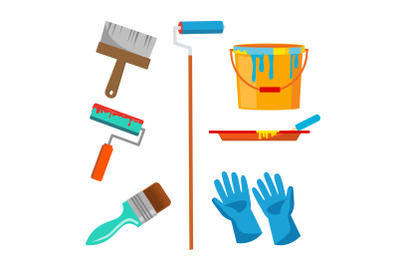 Wall Painting Items Vector. Accessories Set. Roll Brush, Paint, Bucket, Gloves. Isolated Cartoon Illustration