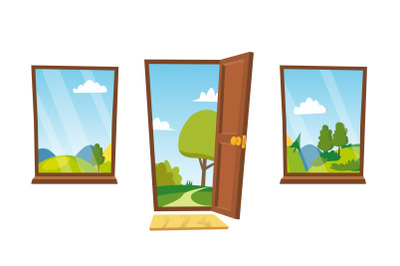 Open Door And Windows Vector. Cartoon Landscape. Front View. Home Interior. Flat Isolated Illustration.