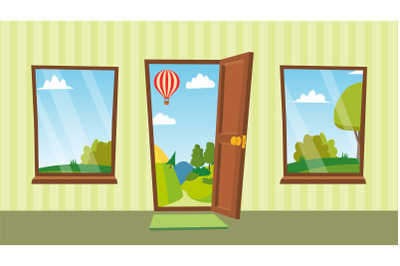 Opened Door And Windows Vector. Cartoon Flat Summer Landscape. Home Interior. Front View. Freedom Concept. Isolated Illustration.