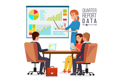 Corporate Business Meeting Vector. Woman Manager Explaining Quarter Report Data. Teamwork. Chatting In Conference Room. Projecting Screen. Flat Cartoon