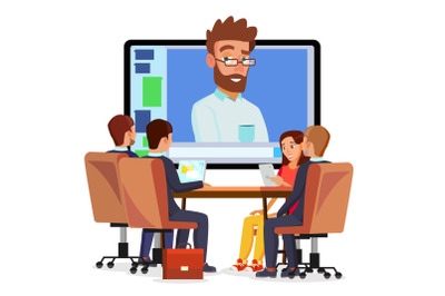 Online Video Conference Vector. Man And Chat. Director Communicates With Staff. Webinar. Business Meeting, Consultation, Seminar, Online Training Concept. Flat Cartoon Isolated Illustration