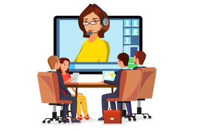 Video Meeting Online Vector. Woman And Chat. Ceo And Employees. Business Meeting, Consultation, Conference Office, Seminar, Online Training Concept. Flat Cartoon Isolated Illustration