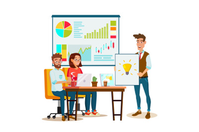 Brainstorming Process Vector. Teamwork Staff Around Table. Creative Team Idea. Group Of Businessmen Meeting. Marketing Research. Flat Isolated Cartoon Illustration