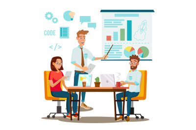 Team Work Brainstorming Vector. Presentation Of The Project. Innovation Idea Discussion People. Designer, Programmer. Global Planning. Flat Isolated Cartoon Illustration