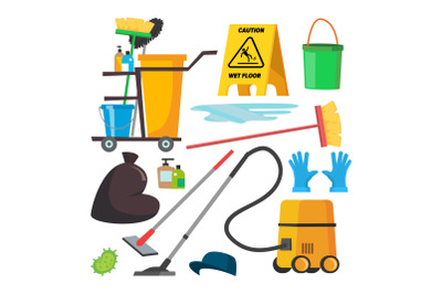 Cleaning Supplies Vector. Professional Commercial Cleaning Equipment Set. Cart, Vacuum Cleaner. Isolated Flat Illustration.