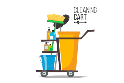 Cleaning Cart Vector. Classic Trolley Cleaning Service Cart. Broom, Bucket, Detergents, Cleaning Tools, Supplies. Yellow Plastic Janitor Cart With Shelves Isolated Illustration