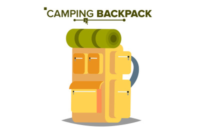 Hiking Backpack Vector. Tourist Hiking Back Pack With Sleeping Bag. Camping And Mountain Exploring. Isolated Flat Illustration