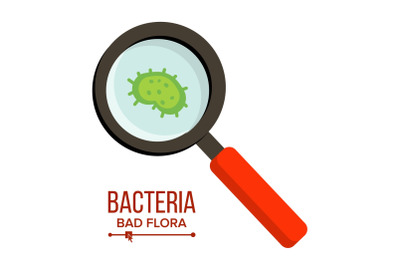 Magnifer And Germs Vector. Bacteria Sign Through Magnifying Glass. Microbes. Hygiene, Public Health, Disease Risk Concept. Isolated Flat Illustration