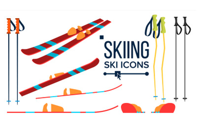 Skiing Icons Vector. Different View. Winter Sport Equipment. Equipment. Mountain Vacation, Activity, Travel. Isolated Flat Illustration