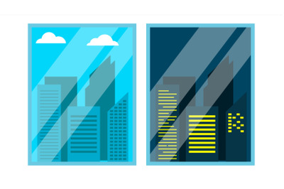 Day&2C; Night Window View Vector. Scene. Skyscraper&2C; Sky. Night Office City Lights. Window Time View. Morning And Afternoon. Isolated Illustration