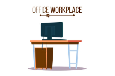 Office Workplace Concept Vector. Furniture Workplace For Boss. Laptop Computer. Office Desk Illustration.