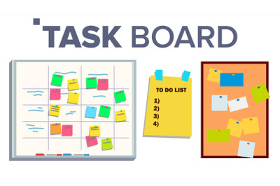 Task Board Set Vector. Sticker Notes. Scrum. Tasks For Team Work. Progress White Board. Isolated Illustration