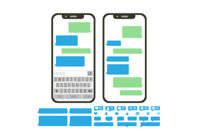 Mobile Screen Messaging Vector. Chat Bot Bubbles Set. Mobile App Messenger Interface. Communication Concept. Smartphone With Chat On Screen. Empty Text Boxes. Notification Icons. Isolated Illustration