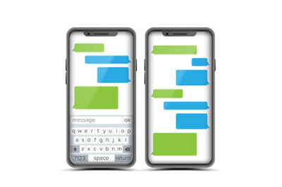 Social Messenger Vector. Speech Bubbles Constructor. Realistic Modern Mobile Application Messenger Interface. Smartphone With Chat On Screen. Empty Text Boxes. Illustration