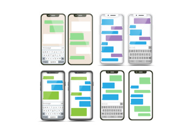 Mobile Screen Messaging Set Vector. Chat Bot Bubbles. Mobile App Messenger Interface. Communication Concept. Smartphone With Chat On Screen. Text Boxes. Notification Icons. Illustration