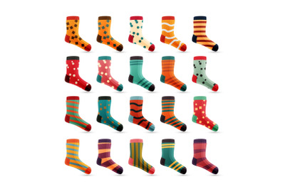 Child Socks Icons Vector. Colorful Cute Icons. Sock Set Isolated On White Background. Cotton Wear Colored.